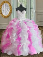 White and Pink Ball Gowns Organza Sweetheart Sleeveless Beading and Ruffles Floor Length Lace Up 15 Quinceanera Dress