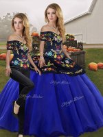 Royal Blue Quinceanera Gown Military Ball and Sweet 16 and Quinceanera with Embroidery Off The Shoulder Sleeveless Lace Up