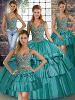 Teal Ball Gowns Straps Sleeveless Taffeta Floor Length Lace Up Beading and Ruffled Layers Sweet 16 Dress
