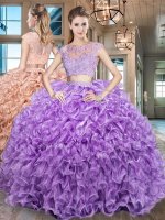 Most Popular Scoop Organza Cap Sleeves Floor Length 15th Birthday Dress and Beading and Appliques and Ruffles