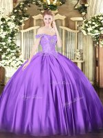 Purple Satin Lace Up Sweet 16 Dress Sleeveless Floor Length Beading