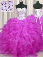 Hot Selling Fuchsia Ball Gowns Organza Sweetheart Sleeveless Beading and Ruffles Floor Length Lace Up Quinceanera Dresses