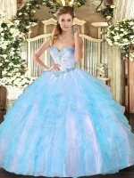 Traditional Sleeveless Tulle Floor Length Lace Up Quinceanera Gown in Aqua Blue with Beading and Ruffles