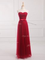 Sexy Floor Length Wine Red Quinceanera Court of Honor Dress Tulle and Lace Sleeveless Belt