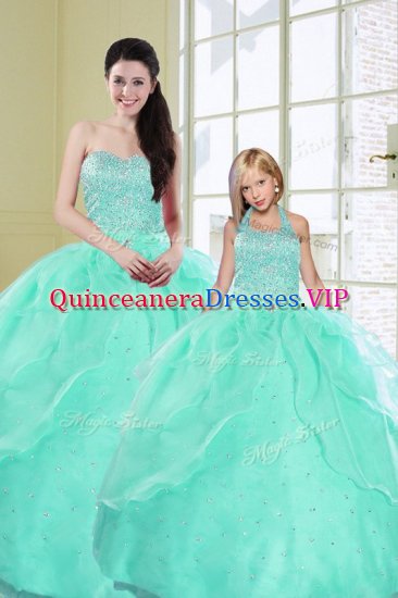 Fitting Turquoise Ball Gowns Sweetheart Sleeveless Organza Floor Length Lace Up Beading and Sequins Quinceanera Dresses - Click Image to Close