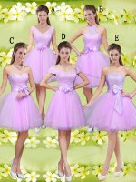 Lilac A-line Lace and Belt Damas Dress Lace Up Tulle Sleeveless Knee Length