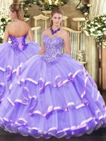 Organza Sleeveless Floor Length 15th Birthday Dress and Appliques and Ruffled Layers