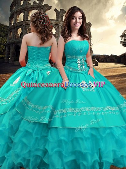 Turquoise Sleeveless Embroidery and Ruffled Layers Floor Length Sweet 16 Dresses - Click Image to Close