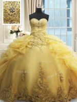 Lovely Floor Length Lace Up Quinceanera Dress Gold for Military Ball and Sweet 16 and Quinceanera with Beading and Appliques and Ruffles