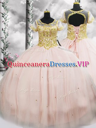 Pink Sweet 16 Dress Military Ball and Sweet 16 and Quinceanera with Beading Scoop Short Sleeves Lace Up