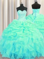 Stylish Sleeveless Floor Length Beading and Ruffles and Pick Ups Lace Up Quinceanera Dresses with Turquoise(SKU PSSW0439-13BIZ)