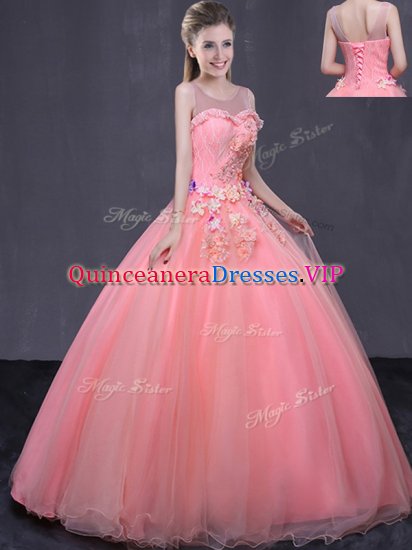Custom Designed Scoop Sleeveless Floor Length Beading and Appliques Lace Up Vestidos de Quinceanera with Watermelon Red - Click Image to Close