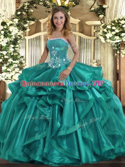 Artistic Floor Length Lace Up Quince Ball Gowns Turquoise for Military Ball and Sweet 16 and Quinceanera with Beading and Ruffles - Click Image to Close