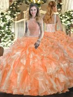 Trendy Ball Gowns Quinceanera Dress Orange Red High-neck Organza Sleeveless Floor Length Lace Up