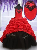 Trendy Red And Black Ball Gowns Organza and Taffeta Sweetheart Sleeveless Appliques and Pick Ups With Train Lace Up 15 Quinceanera Dress Brush Train(SKU PSSW0135BIZ)