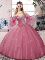 Pink Sleeveless Beading and Ruching Floor Length Quinceanera Gowns