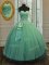 Green Tulle and Sequined Lace Up Ball Gown Prom Dress Sleeveless Floor Length Beading and Ruching and Bowknot