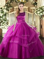 Most Popular Fuchsia Ball Gowns Scoop Sleeveless Tulle Floor Length Lace Up Ruffles and Ruffled Layers 15th Birthday Dress