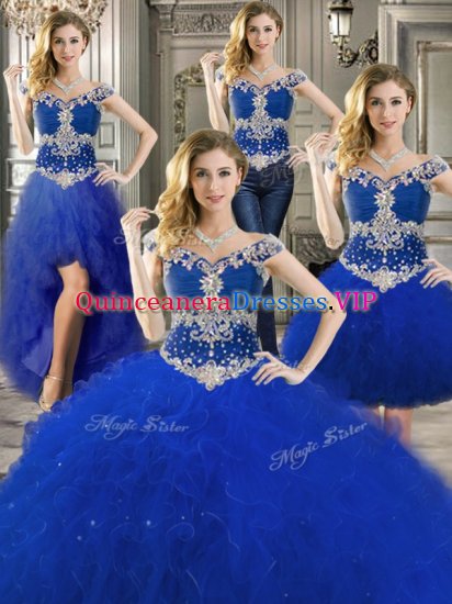 Smart Three Piece Off the Shoulder Floor Length Royal Blue Quince Ball Gowns Tulle Sleeveless Beading and Ruffles - Click Image to Close