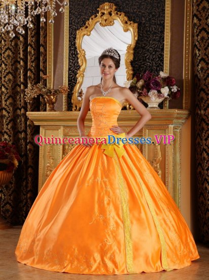 Embroidery and Bowknot For Beautiful Orange Quinceanera Dress Strapless Floor-length Satin In Adel Iowa/IA - Click Image to Close