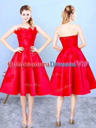 Comfortable Sleeveless Lace Up Knee Length Appliques and Ruffles Damas Dress