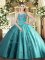 Teal Tulle Lace Up Ball Gown Prom Dress Sleeveless Floor Length Beading and Appliques