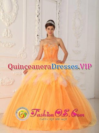 Tryon Carolina/NC Orange Ruffles Sweetheart Floor-length Quinceanera Dress With Appliques and Beading For Clebrity In Pinetop