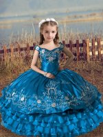 Floor Length Blue Little Girls Pageant Dress Satin and Organza Sleeveless Embroidery and Ruffled Layers(SKU XBLD020-1BIZ)