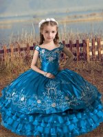 Floor Length Blue Little Girls Pageant Dress Satin and Organza Sleeveless Embroidery and Ruffled Layers