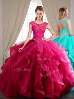 Attractive Scoop Hot Pink Cap Sleeves With Train Beading and Appliques and Ruffles Lace Up Sweet 16 Dress