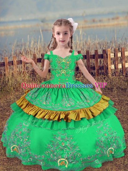 Turquoise Ball Gowns Beading and Embroidery Girls Pageant Dresses Lace Up Satin Sleeveless Floor Length - Click Image to Close