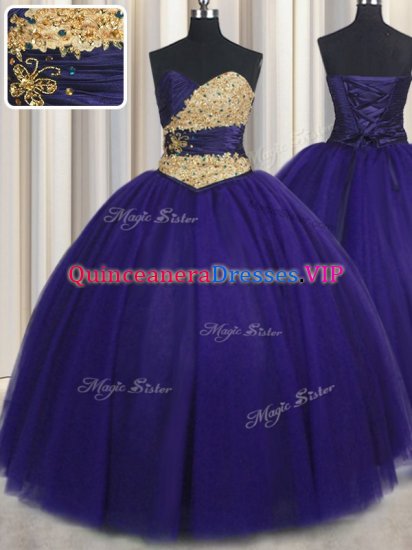 Trendy Royal Blue Sweetheart Lace Up Beading and Appliques Ball Gown Prom Dress Sleeveless - Click Image to Close