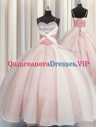 Spaghetti Straps Floor Length Pink Sweet 16 Quinceanera Dress Organza Sleeveless Beading