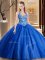 Blue Tulle Lace Up Spaghetti Straps Sleeveless Floor Length Vestidos de Quinceanera Beading and Appliques