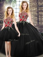 Black Scoop Neckline Embroidery Quinceanera Gown Sleeveless Zipper