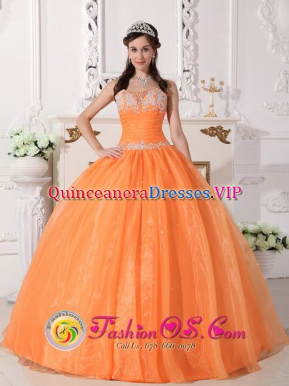 Customize Exquisite Beaded Orange Appliques Kingman AZ Quinceanera Dress WithTaffeta and Organza Ball Gown - Click Image to Close