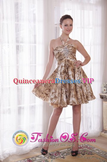 Anna Maria FL Print Sexy Halter A-Line / Princess Knee-length Quinceanera Dama Dress With Beading - Click Image to Close