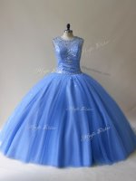 Baby Blue Sleeveless Floor Length Beading Lace Up Ball Gown Prom Dress