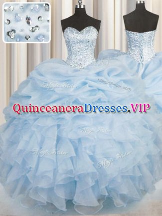 Nice Organza Sweetheart Sleeveless Lace Up Beading and Ruffles Sweet 16 Dress in Light Blue
