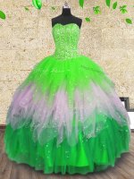 Pretty Multi-color Tulle Lace Up Sweetheart Sleeveless Floor Length 15th Birthday Dress Beading and Ruffles and Sequins