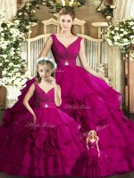 Delicate Floor Length Fuchsia Sweet 16 Quinceanera Dress V-neck Sleeveless Backless