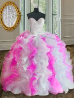 Pink And White Ball Gowns Organza Sweetheart Sleeveless Beading and Ruffles Floor Length Lace Up Quince Ball Gowns(SKU PSSW070-5BIZ)