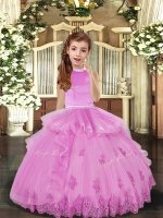 Cheap Lilac Ball Gowns Tulle High-neck Sleeveless Beading and Appliques Floor Length Backless Little Girls Pageant Dress Wholesale