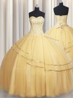 Lovely Visible Boning Big Puffy Champagne Sleeveless Organza Lace Up Quinceanera Dresses for Military Ball and Sweet 16 and Quinceanera
