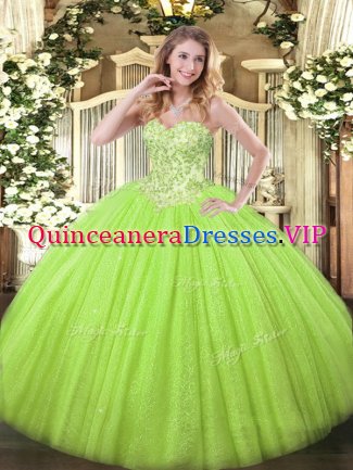 Yellow Green Lace Up Sweetheart Appliques 15th Birthday Dress Tulle and Sequined Sleeveless