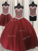 Three Piece Burgundy Lace Up Sweetheart Beading and Sequins Ball Gown Prom Dress Tulle Sleeveless