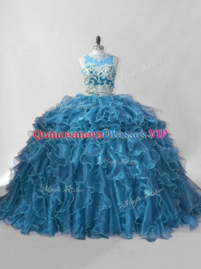 Exquisite Organza Scoop Sleeveless Brush Train Zipper Beading and Ruffles 15 Quinceanera Dress in Blue - Click Image to Close