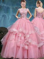 Scoop Baby Pink Sleeveless Lace and Appliques and Ruffles Floor Length Sweet 16 Dresses(SKU YCQD0121BIZ)