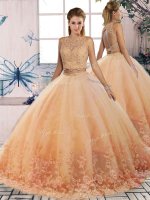 Scalloped Sleeveless Tulle Quinceanera Dresses Lace Sweep Train Backless