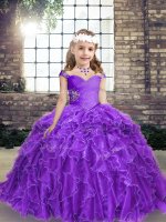 Luxurious Purple Sleeveless Floor Length Beading and Ruffles Lace Up Child Pageant Dress